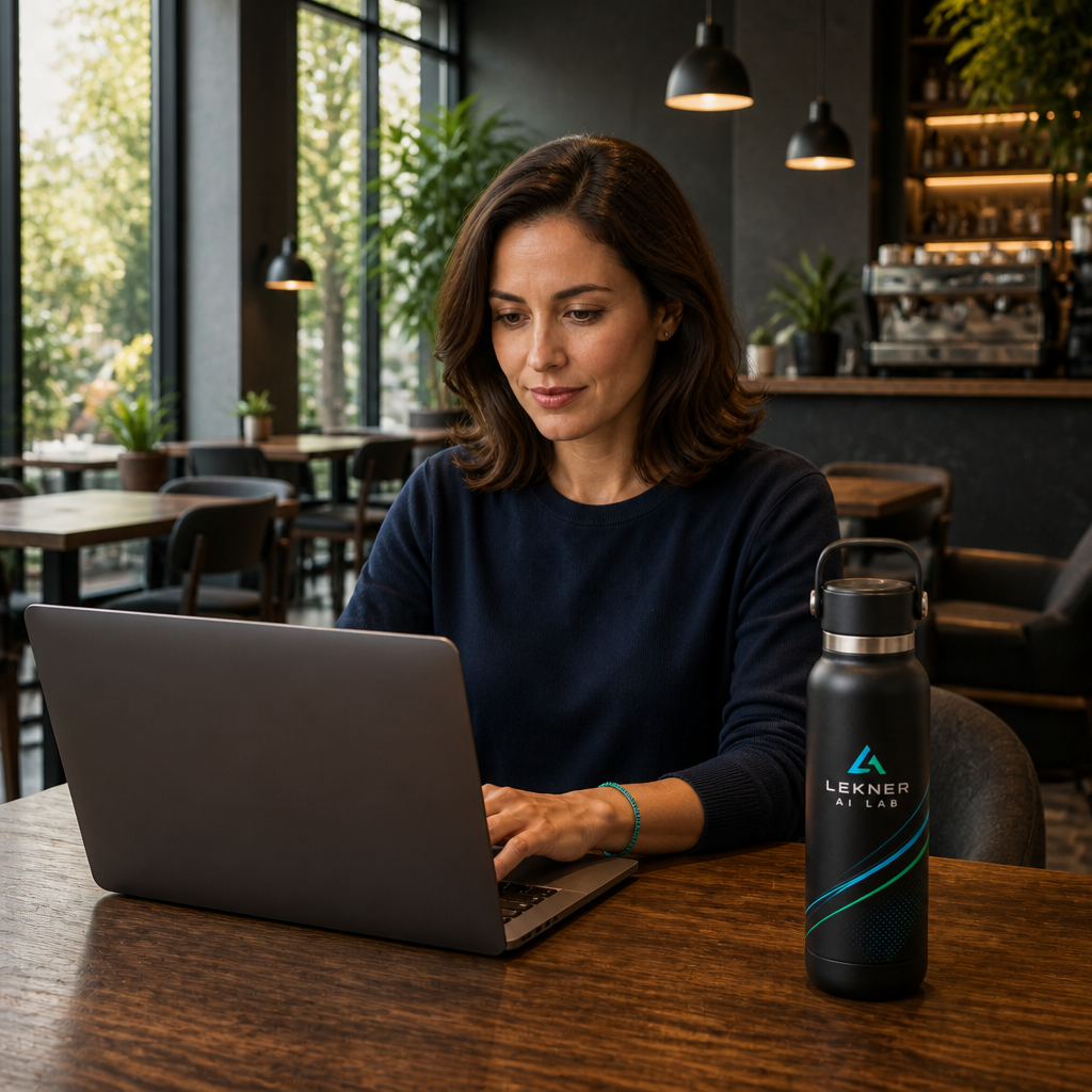LIA working with a laptop beside the Lekner AI Lab bottle in the selected location