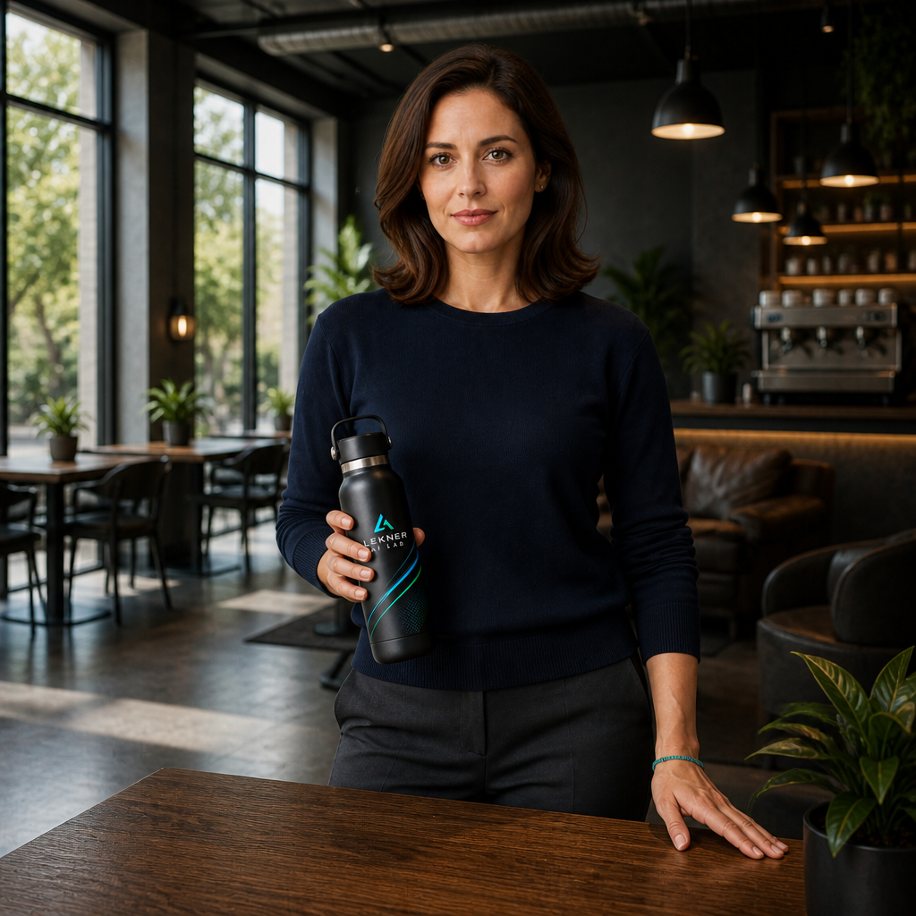 LIA holding the Lekner AI Lab bottle inside the selected location